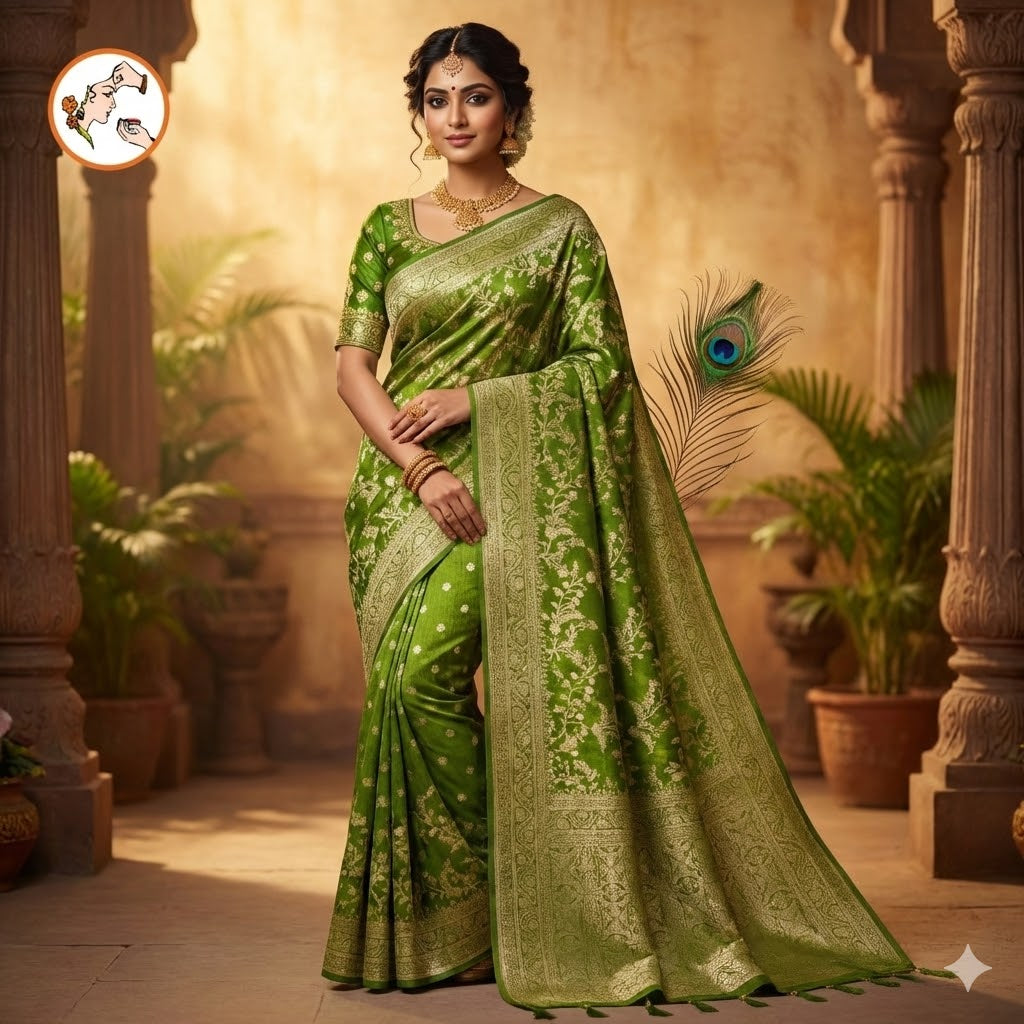 Mehandi Green Jaal design Banarasi Silk Saree