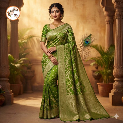 Mehandi Green Jaal design Banarasi Silk Saree