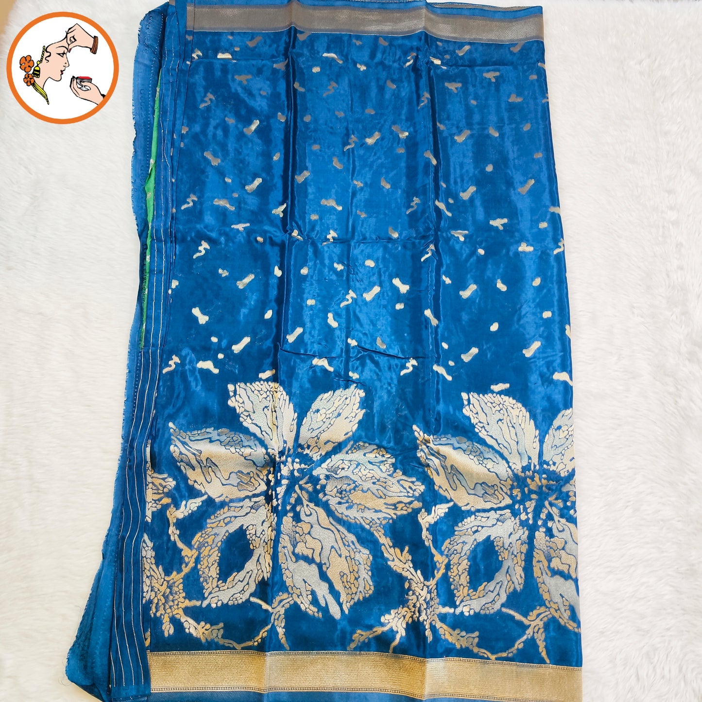 Peacock blue colour Antique Rich Gold zari work Pure Banarasi Russian Satin Silk Fancy Saree