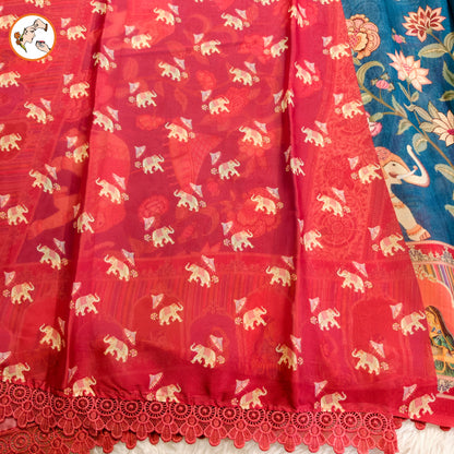 Peacock Blue Rajput painting motif Georgette Saree with lace border