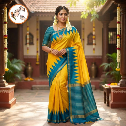 Golden Yellow with Blue temple border Dola Silk Casual Saree