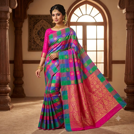 Multi coloured Paalum Pazhamum checks Traditional Kanchipuram Mix Silk Saree