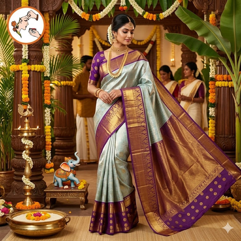 Light Sky Blue colour with Purple border High Tissue Kanchipuram Semi Silk Saree