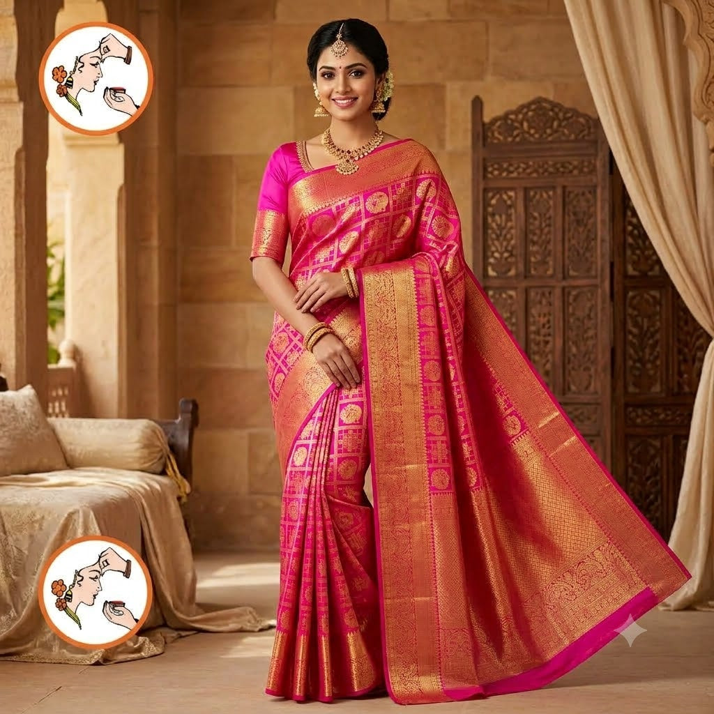 Magenta Pink checks with Peacock butta Gold zari Kanchipuram Bridal Mix Silk Saree