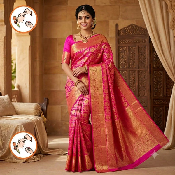Magenta Pink checks with Peacock butta Gold zari Kanchipuram Bridal Mix Silk Saree