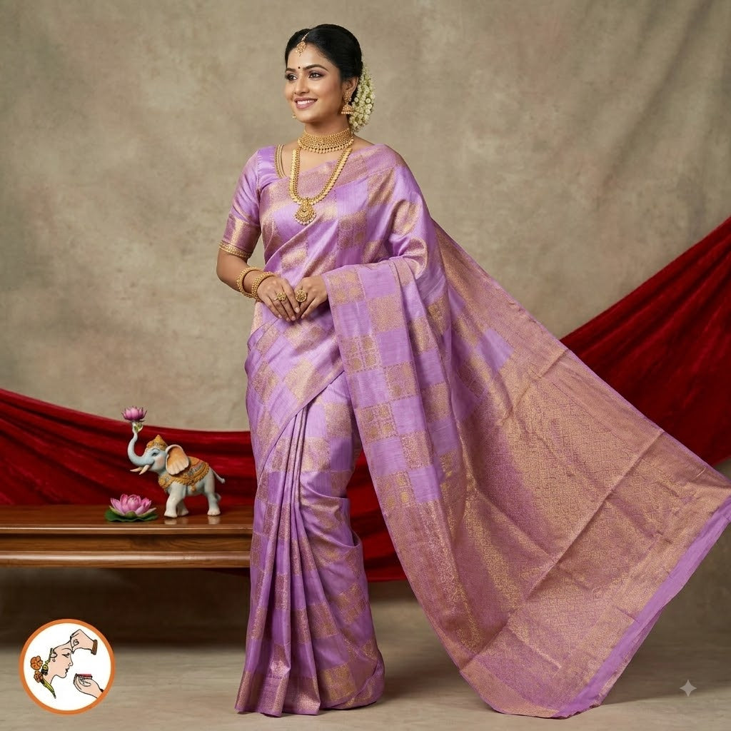 Lavender checkered Elephant & peacock butta Borderless Tussar Silk Saree