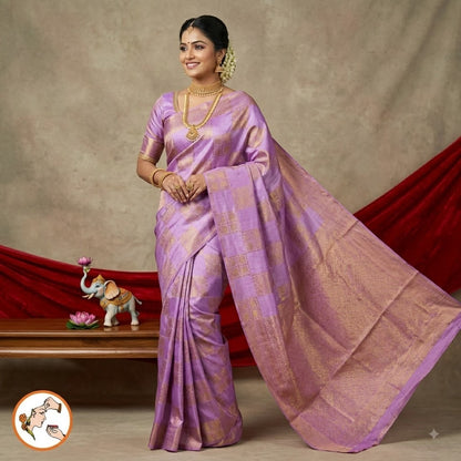Lavender checkered Elephant & peacock butta Borderless Tussar Silk Saree