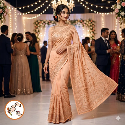 Pastel Peach Rose Gold Embroidery Stonework Partywear Georgette Saree