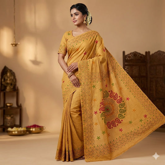 Mustard Yellow colour Kantha Embroidary Tussar Silk Saree