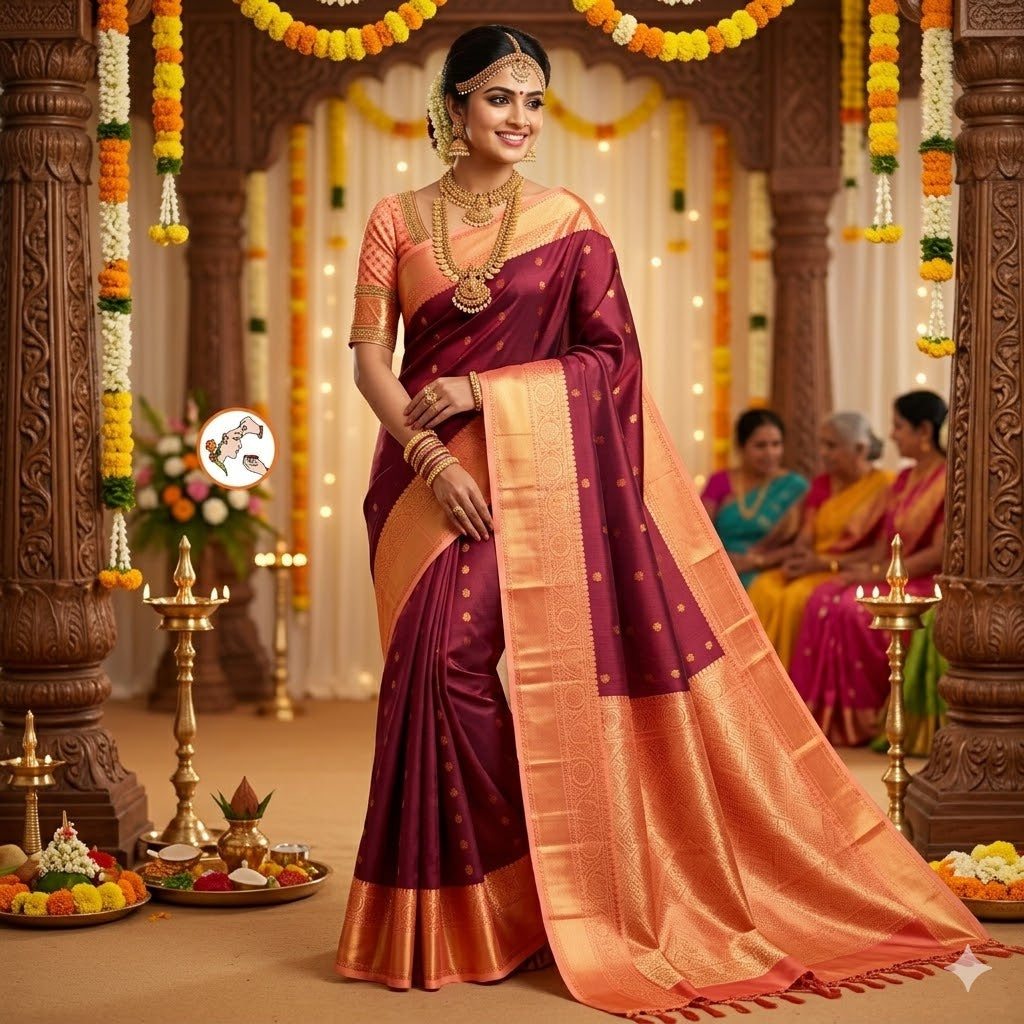 Maroon with Peach border Vairoosi stripes Kanchipuram Semi Silk Saree