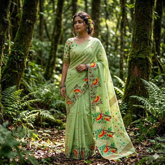 Green sparrow theme Cotton Casual Saree