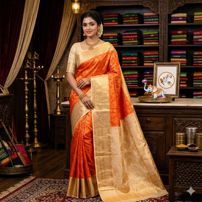 Orange with Cream border Bridal Kanchipuram Mix Silk Saree