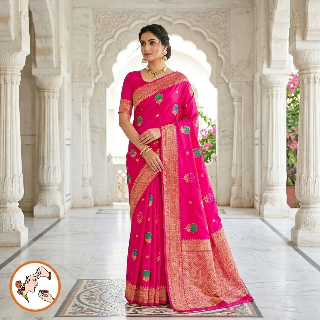 Magenta Pink with delicate Floral buti subtly embrioded Banarasi katan Russian Silk Saree