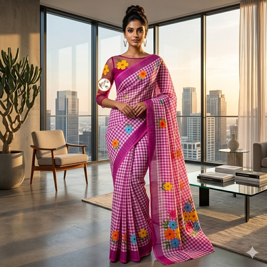 Purple checks pattern Linen Cotton Casual Saree