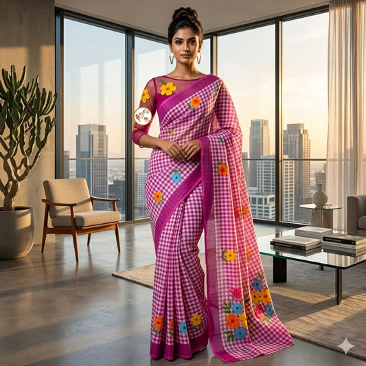 Purple checks pattern Linen Cotton Casual Saree