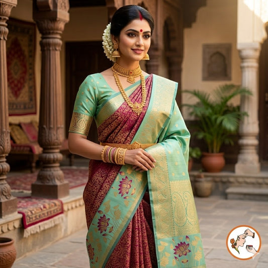 Purple with Mint Green Lotus border Fancy Semi Silk Saree