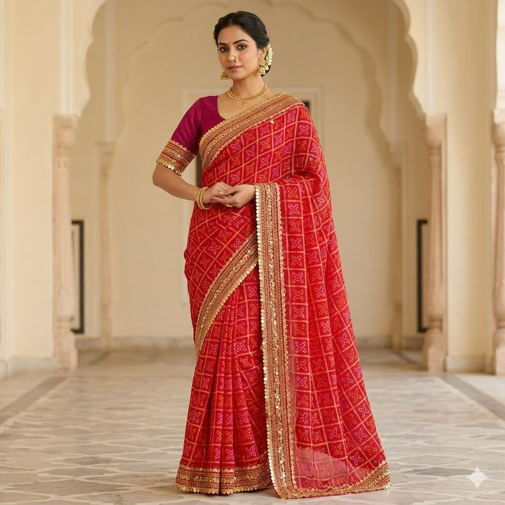 Red Bandhani Georgette Partywear Saree with Lace border