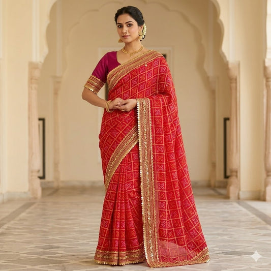 Red Bandhani Georgette Partywear Saree with Lace border