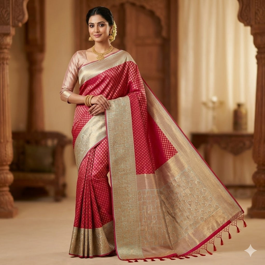 Magenta Pink with Turquoise Fancy border Brocade Pattern Soft Silk Saree