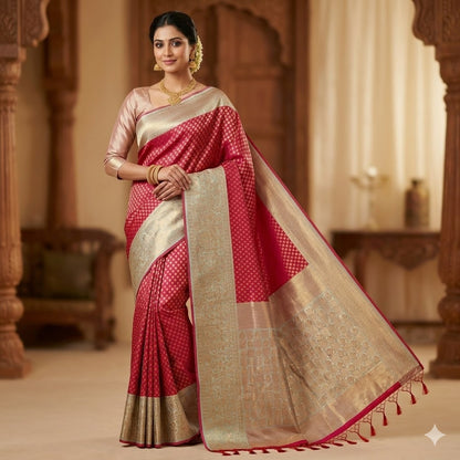 Magenta Pink with Turquoise Fancy border Brocade Pattern Soft Silk Saree