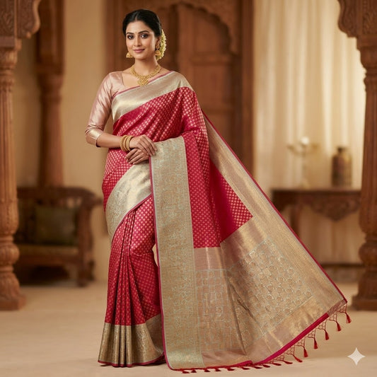 Magenta Pink with Turquoise Fancy border Brocade Pattern Soft Silk Saree