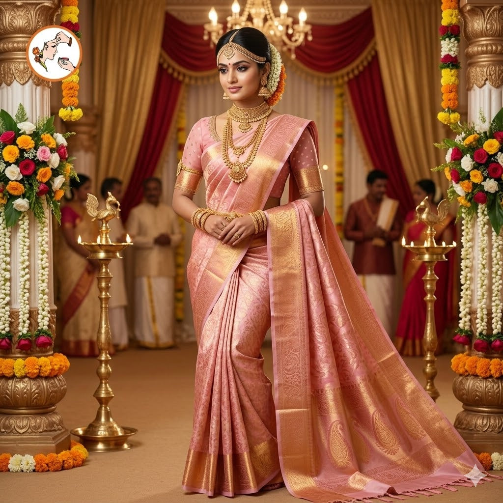 Pink (Rose Gold) High Tissue Kanchipuram Semi SIlk Saree