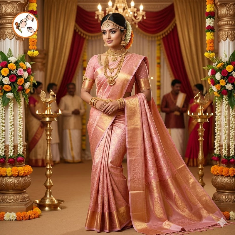 Pink (Rose Gold) High Tissue Kanchipuram Semi SIlk Saree