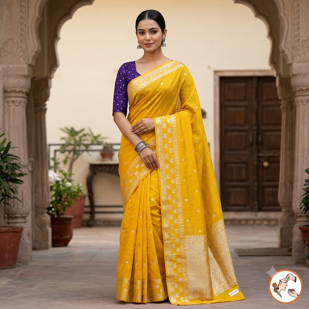 Yellow stripes body & peacock border Soft Viscose Fancy Silk Saree with Purple Contrast blouse