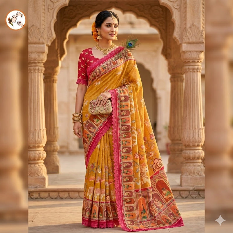 Mustard Yellow Rajput painting motif Georgette Saree with lace border