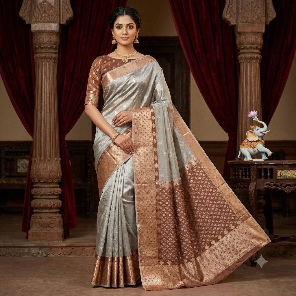 Metalic Silver Paithani border Kota Tissue Fancy Silk Saree