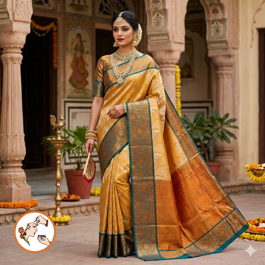 Mustard Yellow with Dark Green Kanchipuram Tissue Silk Saree