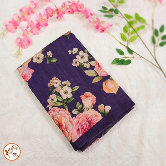 Purple brush paint Floral Tussar Saree Vivahasilks