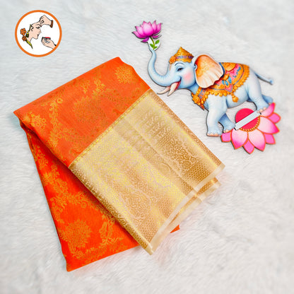 Orange with Cream border Bridal Kanchipuram Mix Silk Saree