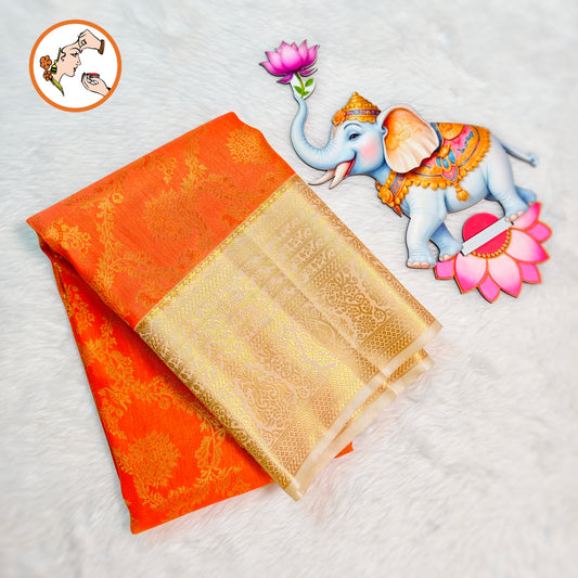 Orange with Cream border Bridal Kanchipuram Mix Silk Saree