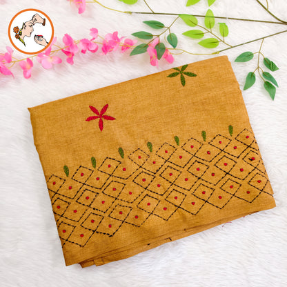 Mustard Yellow colour Kantha Embroidary Tussar Silk Saree
