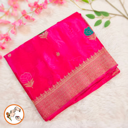 Magenta Pink with delicate Floral buti subtly embrioded Banarasi katan Russian Silk Saree