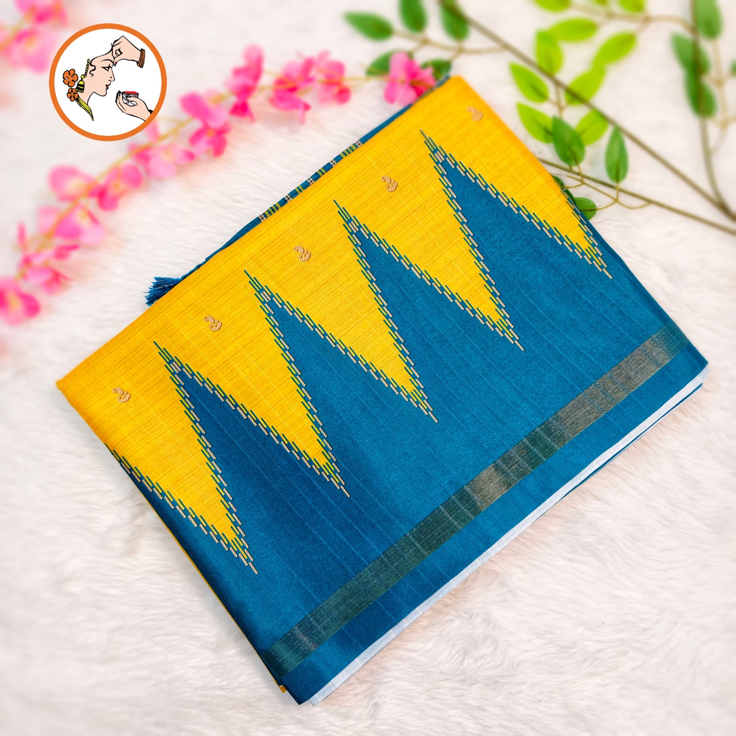 Golden Yellow with Blue temple border Dola Silk Casual Saree