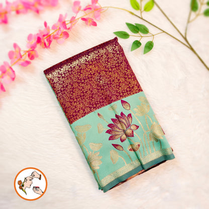Purple with Mint Green Lotus border Fancy Semi Silk Saree