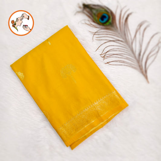 Yellow colour small border Soft Silk Saree with contrast blouse