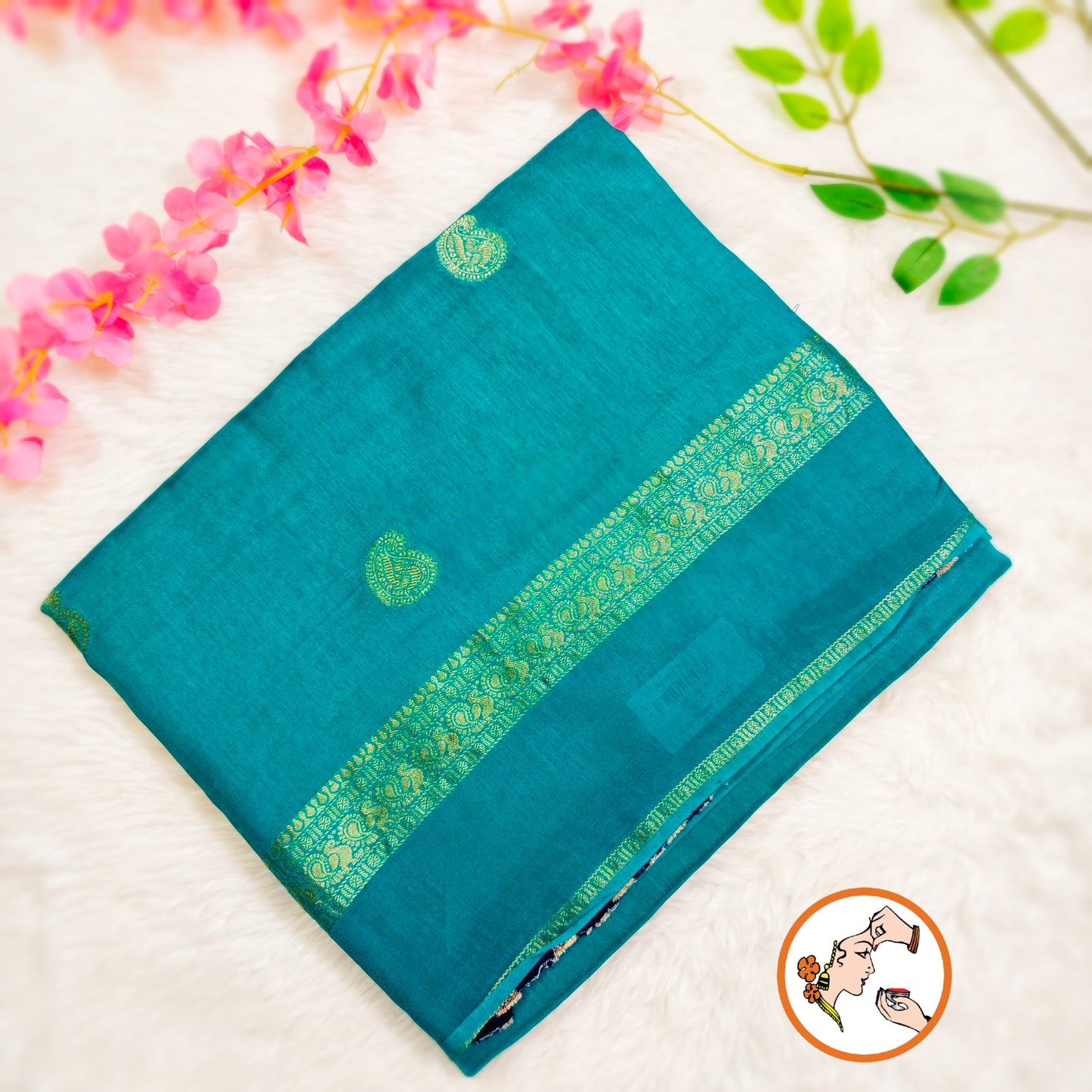 Peacock Green/Teal Mango butta Viscose Silk Saree with contrast blouse