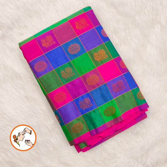 Multi coloured Paalum Pazhamum checks Traditional Kanchipuram Mix Silk Saree