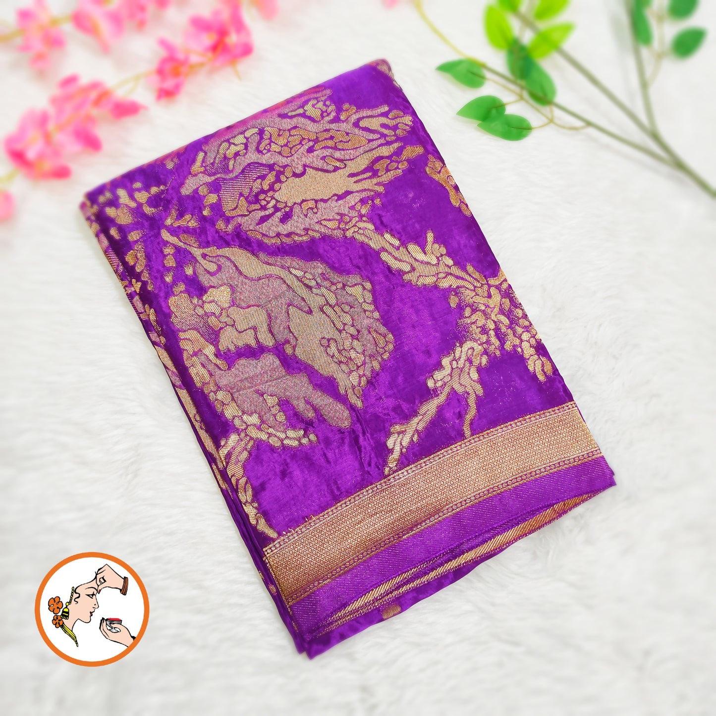 Purple Gold zari work Bridal Pure Russian Satin Silk Saree