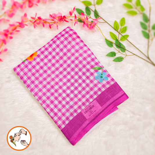 Purple checks pattern Linen Cotton Casual Saree