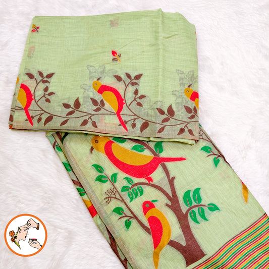 Green sparrow theme Cotton Casual Saree