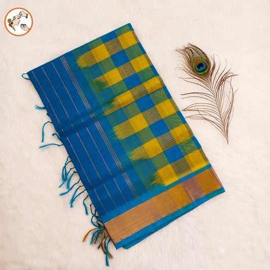 Green & Blue Paalum Pazhamum checks Pure Silk Cotton Saree with beautiful Kalamkari print