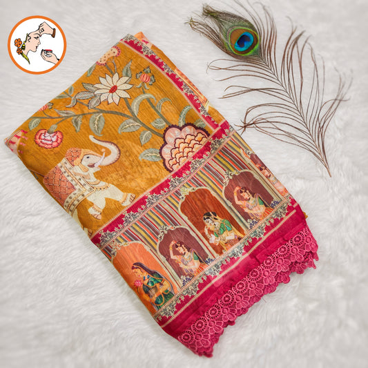 Mustard Yellow Rajput painting motif Georgette Saree with lace border