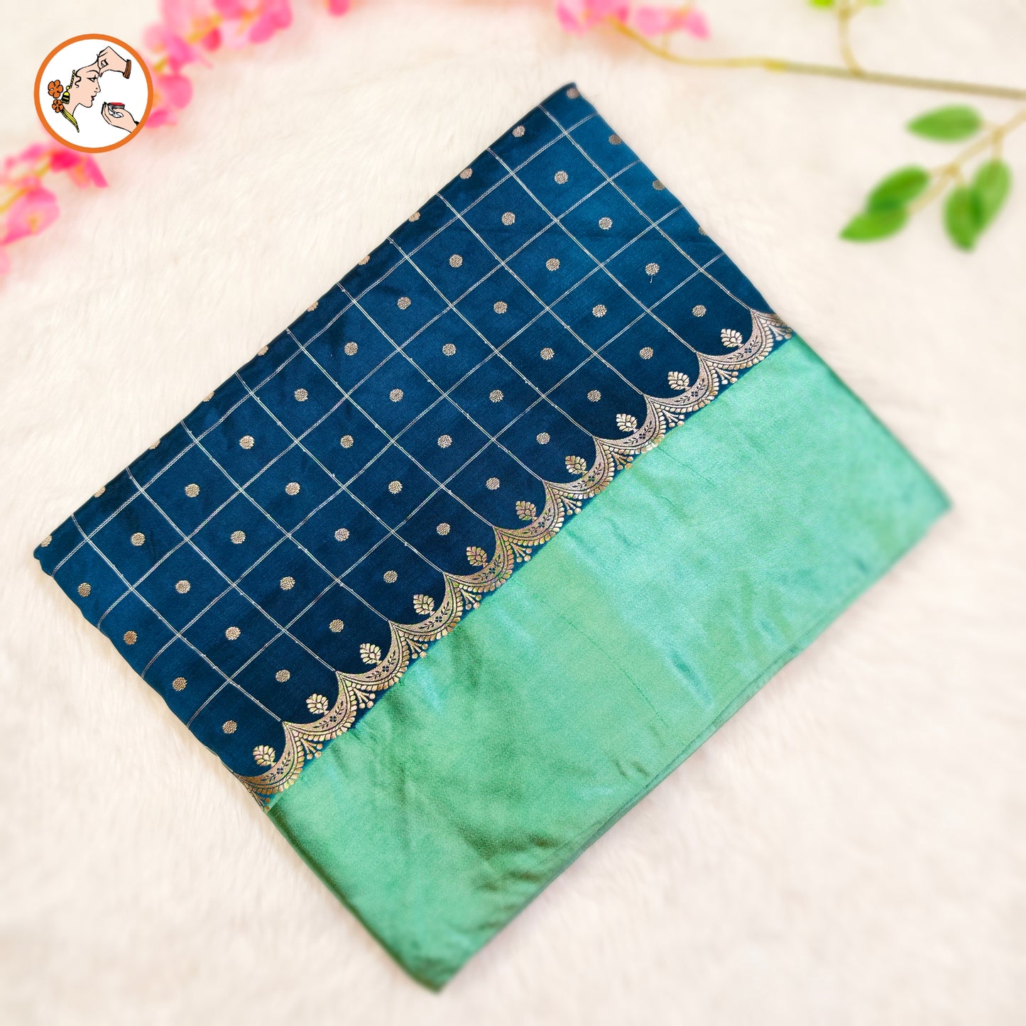 Teal Blue Traditional checks Fancy Soft Silk Saree with Pastel Green Satin border