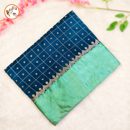 Teal Blue Traditional checks Fancy Soft Silk Saree with Pastel Green Satin border