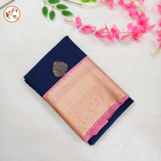 Blue Kanchipuram Semi Silk Saree with Baby Pink border