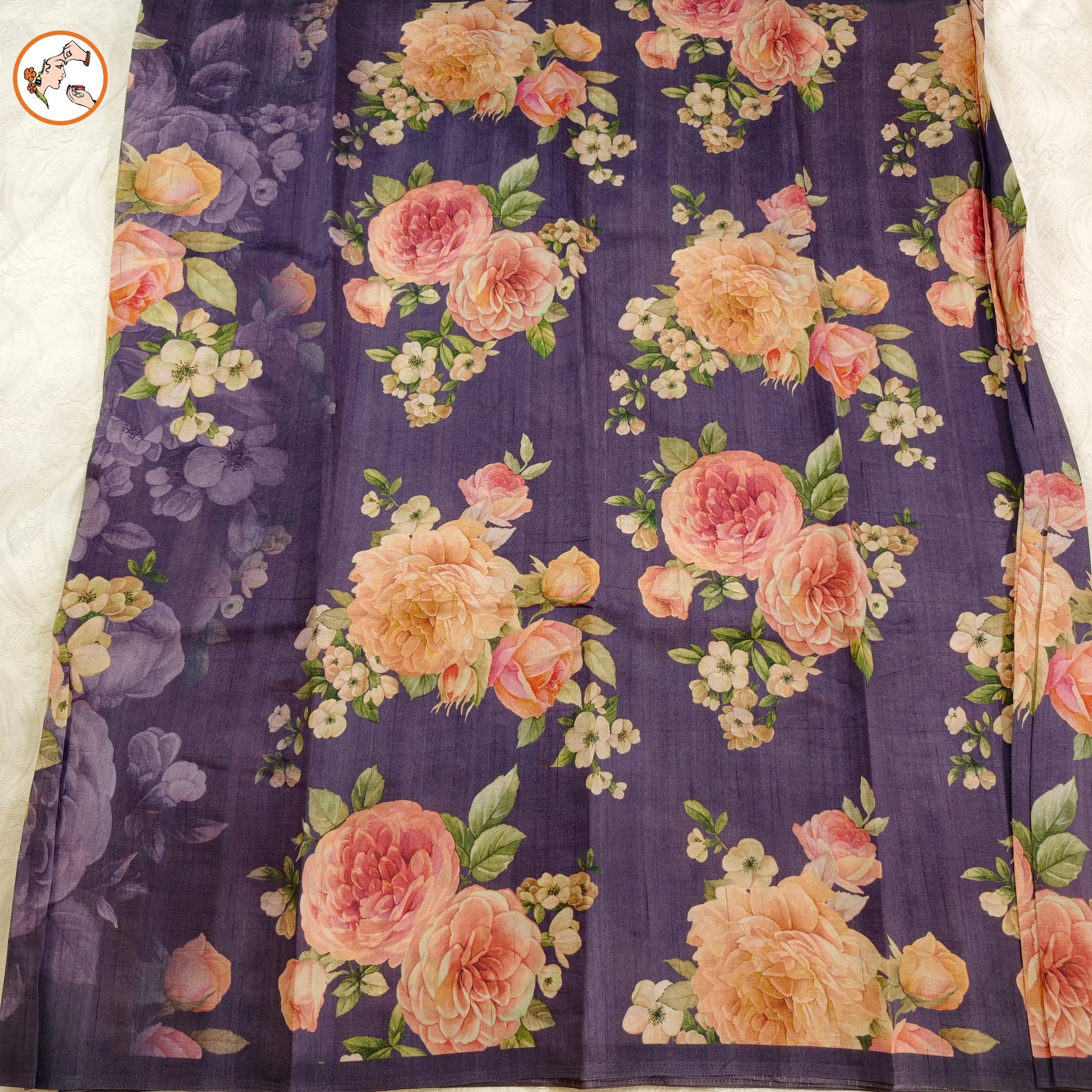 Handcrafted Purple brush paint Floral Tussar Saree in natural tussar silk